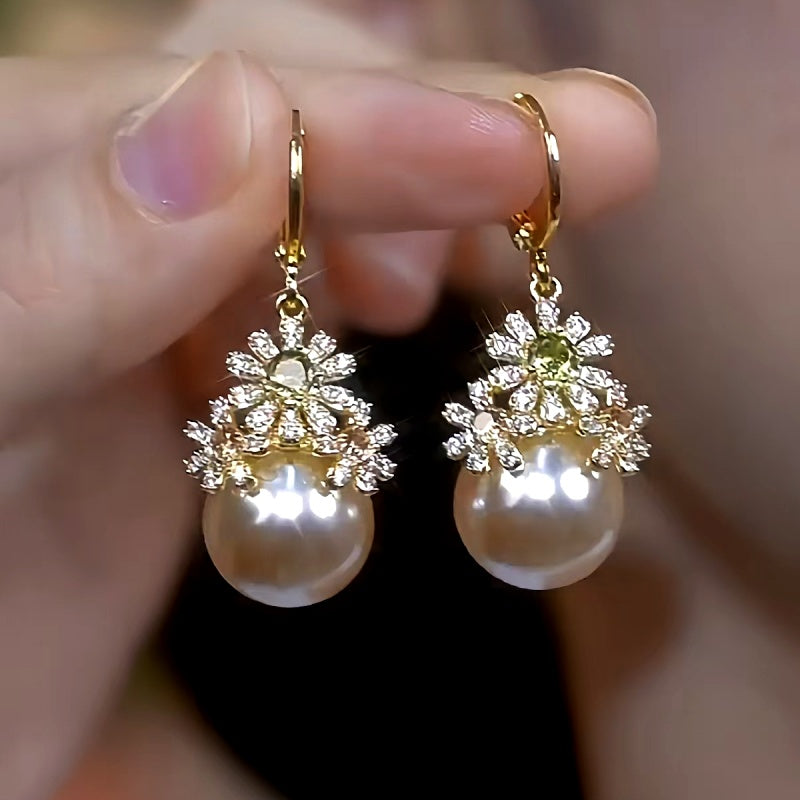 14K Gold-Plated Diamond Flower Pearl Earrings