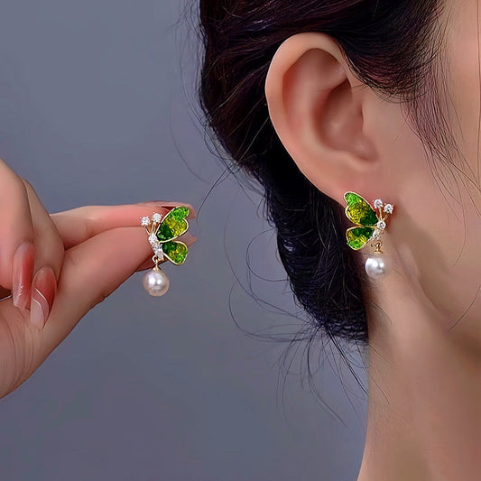 14K Gold-Plated Diamond Gradient Green Butterfly Crystal Pearl Earrings