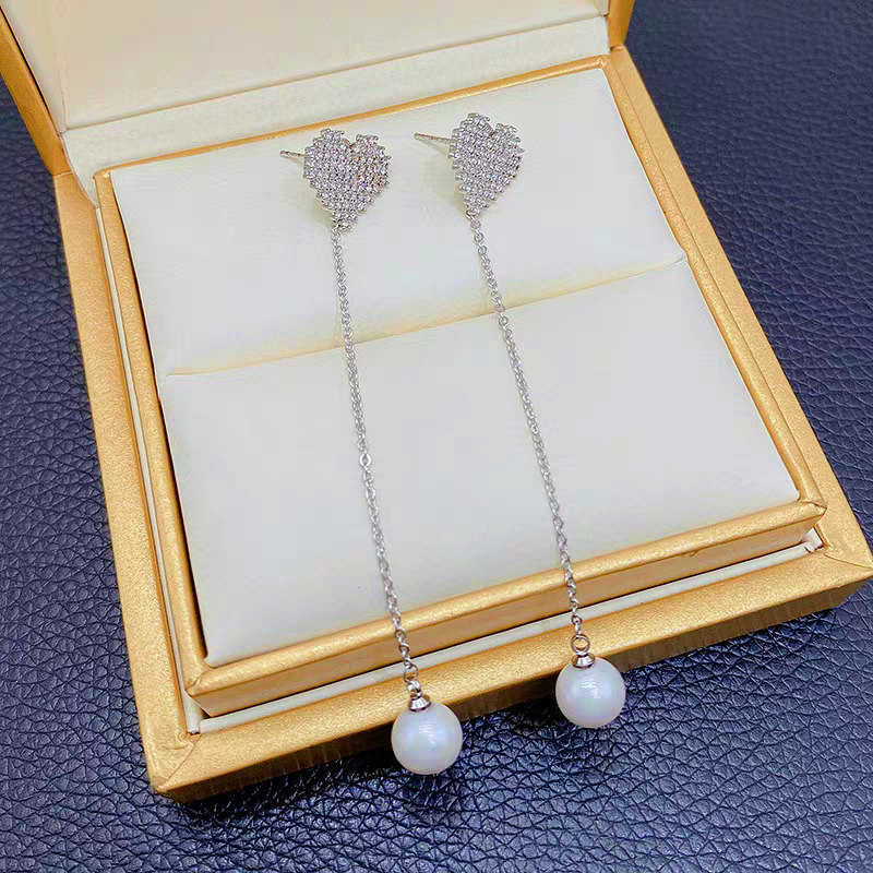 14K Gold-Plated Diamond Heart Pearl Tassel Earrings