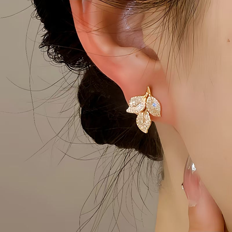 14K Gold-Plated Diamond Leaf Studs