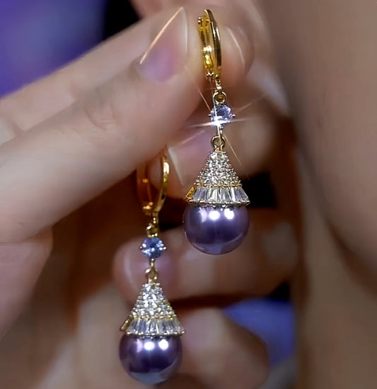 14K Gold-Plated Diamond Purple Pearl Earrings