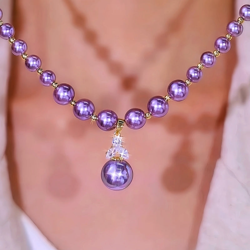 14K Gold-Plated Diamond Purple Pearl Necklace