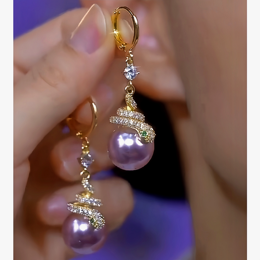 14K Gold-Plated Diamond Snake Purple Pearl Earrings