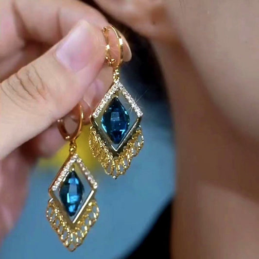 14K Gold-Plated Elegant Blue Geometric Diamond Crystal Earrings