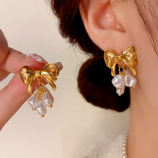 14K Gold-Plated Elegant Bow Pearl Tassel Earrings