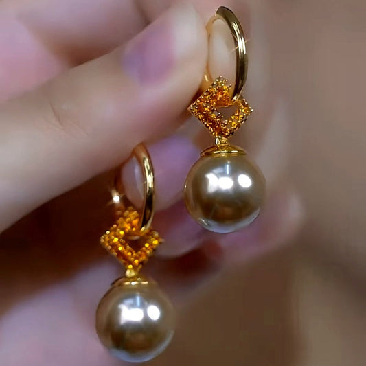 14K Gold-Plated Elegant Brown Zircon Pearl Earrings