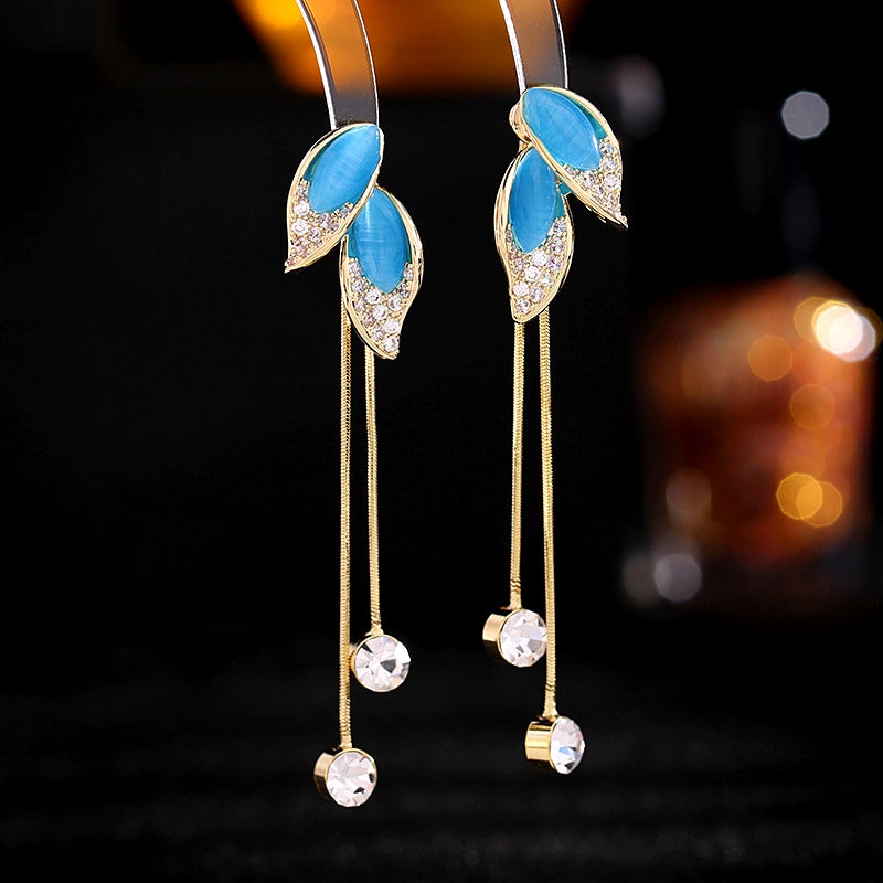 14K Gold-Plated Elegant Cat's Eye Leaf Tassel Earrings