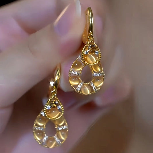 14K Gold-Plated Elegant Cat's Eye Stone Water Drop Earrings