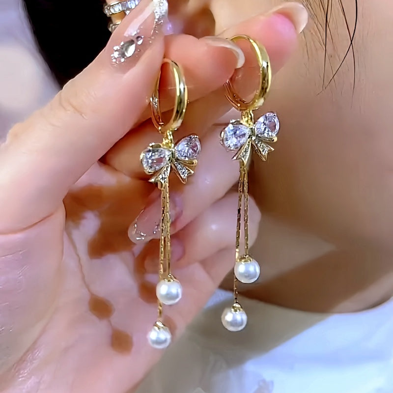 14K Gold-Plated Elegant Crystal Bow Tassel Long Earrings