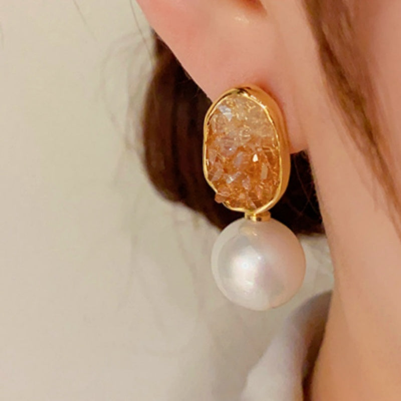 14K Gold-Plated Elegant Crystal Pearl Drop Earrings