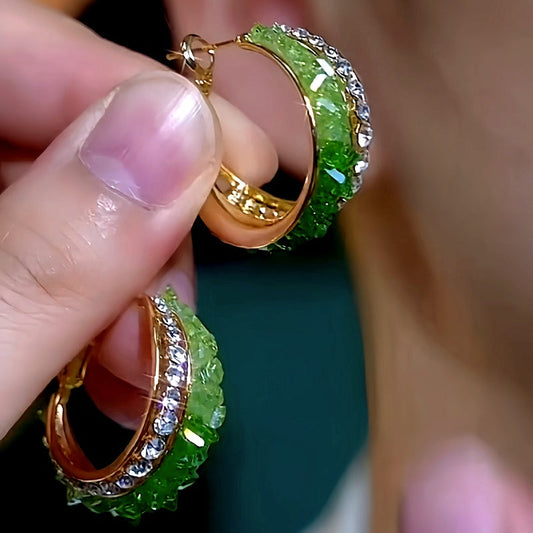 14K Gold-Plated Elegant Diamond-Encrusted Green Crystal Hoop Earrings