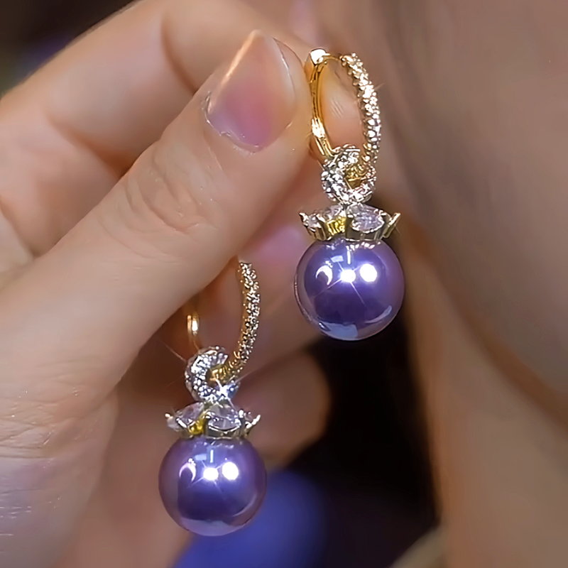 14K Gold-Plated Elegant Diamond-Studded Purple Pearl Earrings