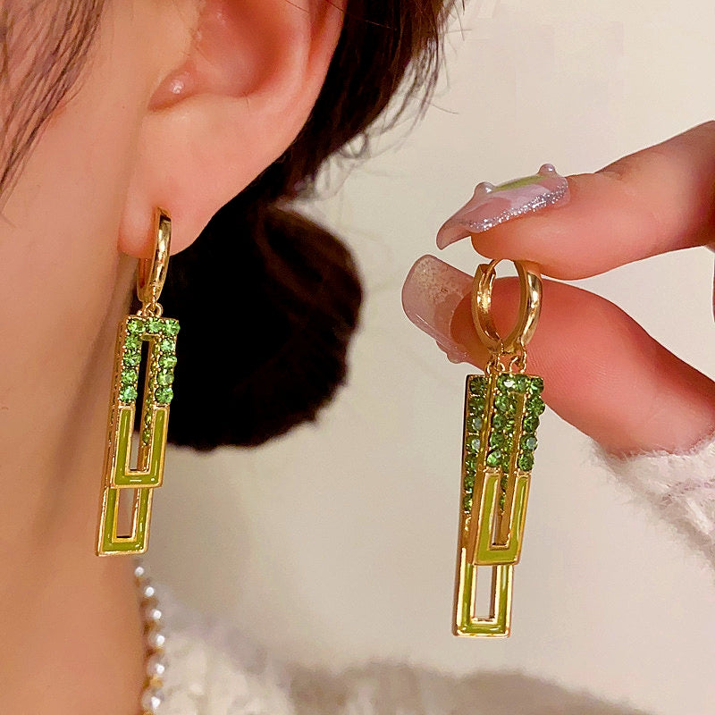 14K Gold-Plated Elegant Diamond-Studded Rectangular Oil-Drop Earrings