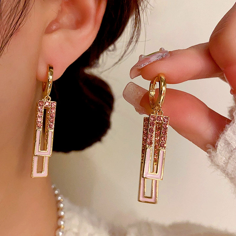 14K Gold-Plated Elegant Diamond-Studded Rectangular Oil-Drop Earrings