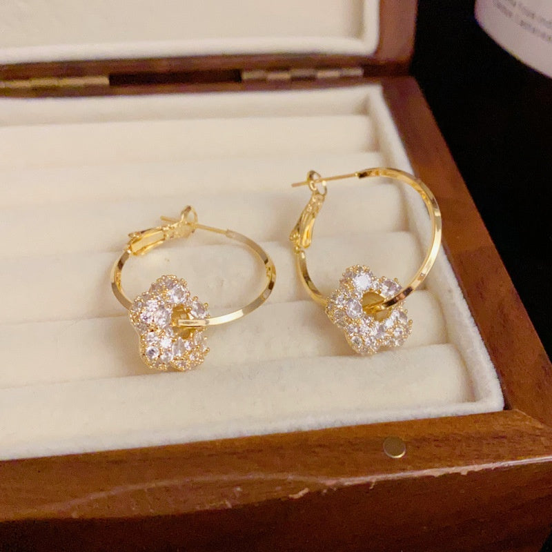 14K Gold-Plated Elegant Diamond Flower Hoop Earrings