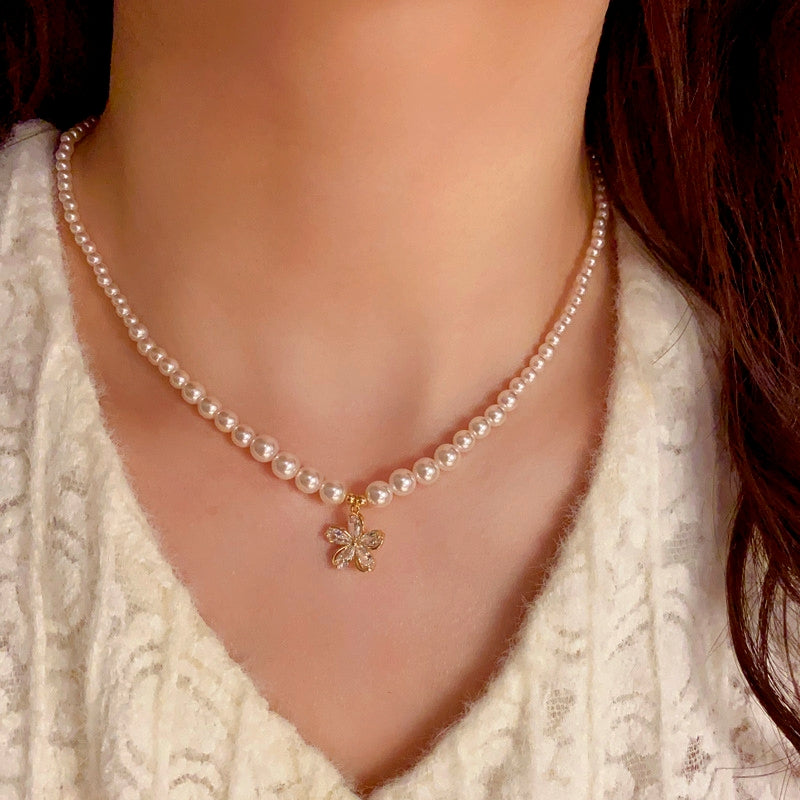 14K Gold-Plated Elegant Diamond Flower Pearl Necklaces