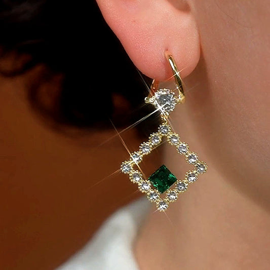 14K Gold-Plated Elegant Diamond Green Crystal Earrings