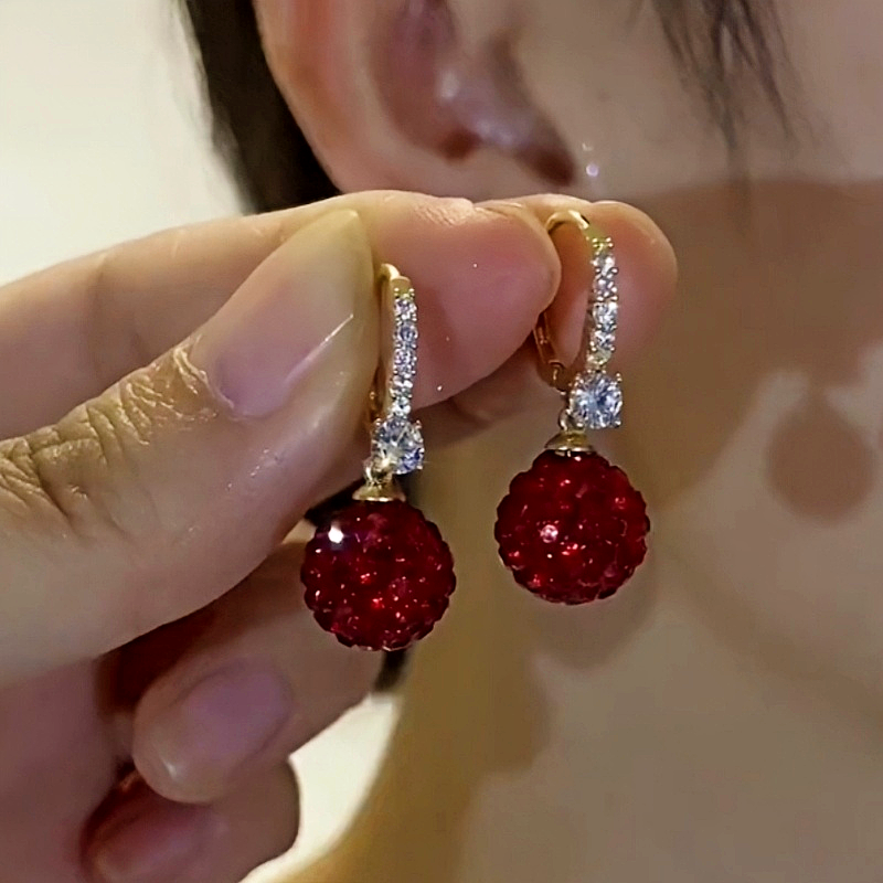 14K Gold-Plated Elegant Diamond Red Ball Earrings