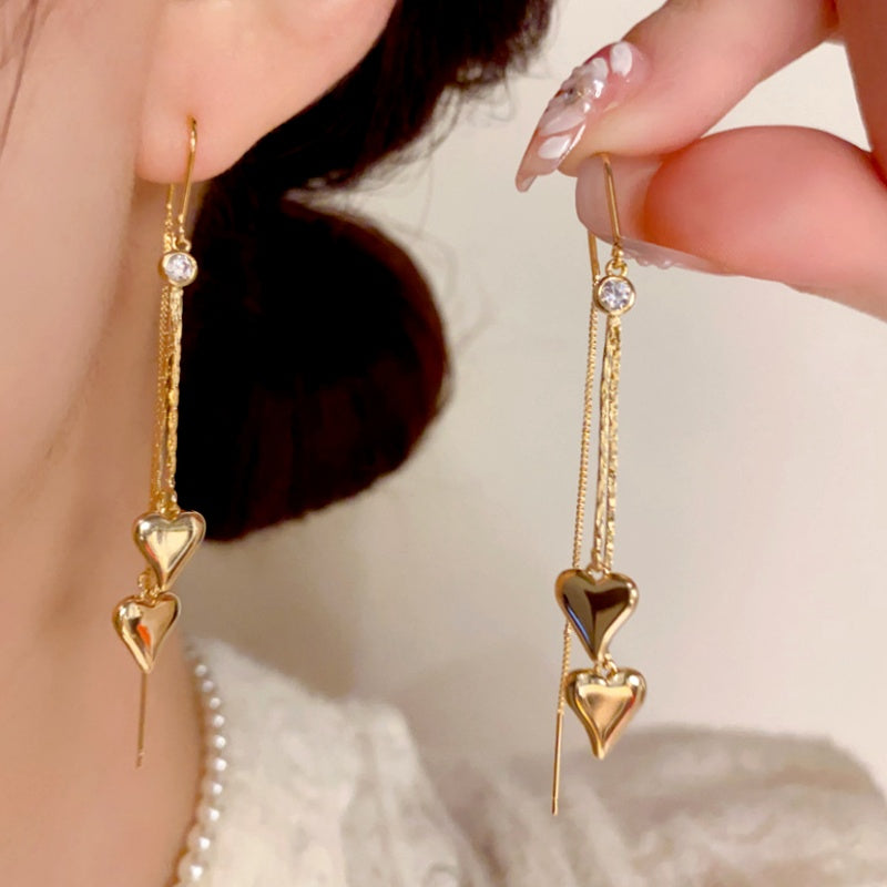 14K Gold-Plated Elegant Double-Heart Threader Tassel Earrings