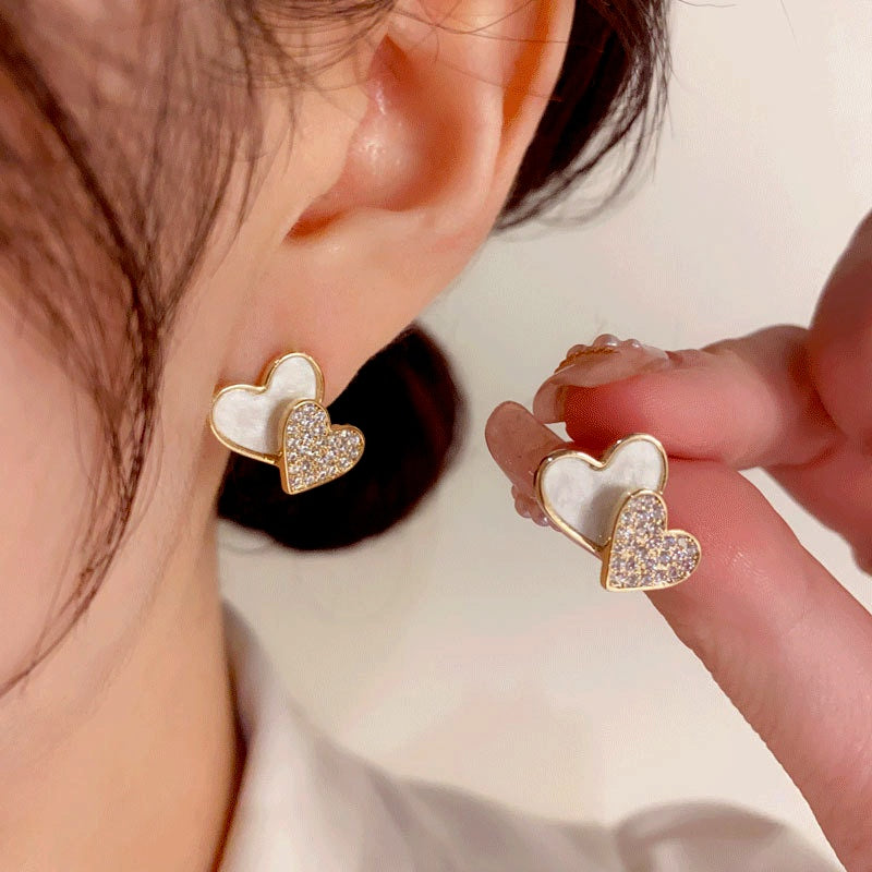 14K Gold-Plated Elegant Double Heart Stud Earrings