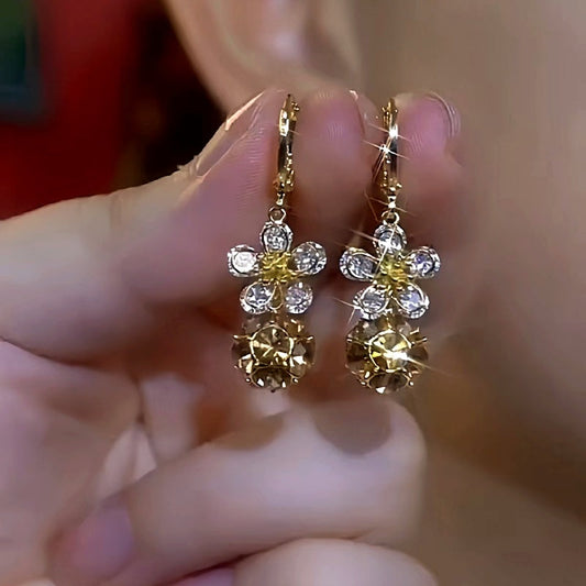 14K Gold-Plated Elegant Flower Diamond Ball Earrings