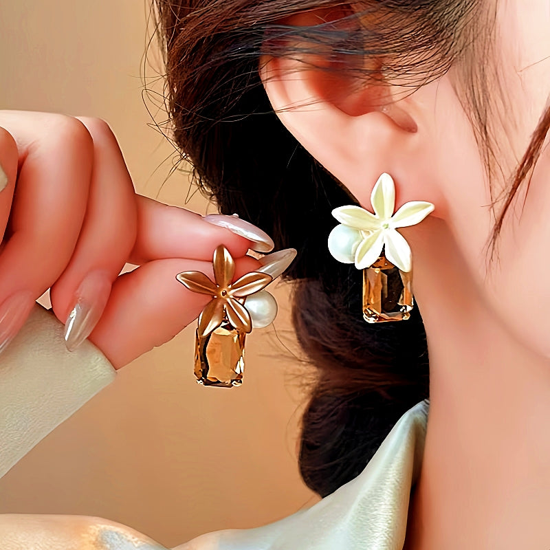 14K Gold-Plated Elegant Flower Pearl Crystal Earrings