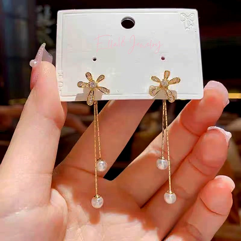 14K Gold-Plated Elegant Flower Pearl Tassel Earrings