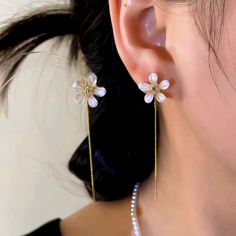 14K Gold-Plated Elegant Flower Tassel Threader Earrings