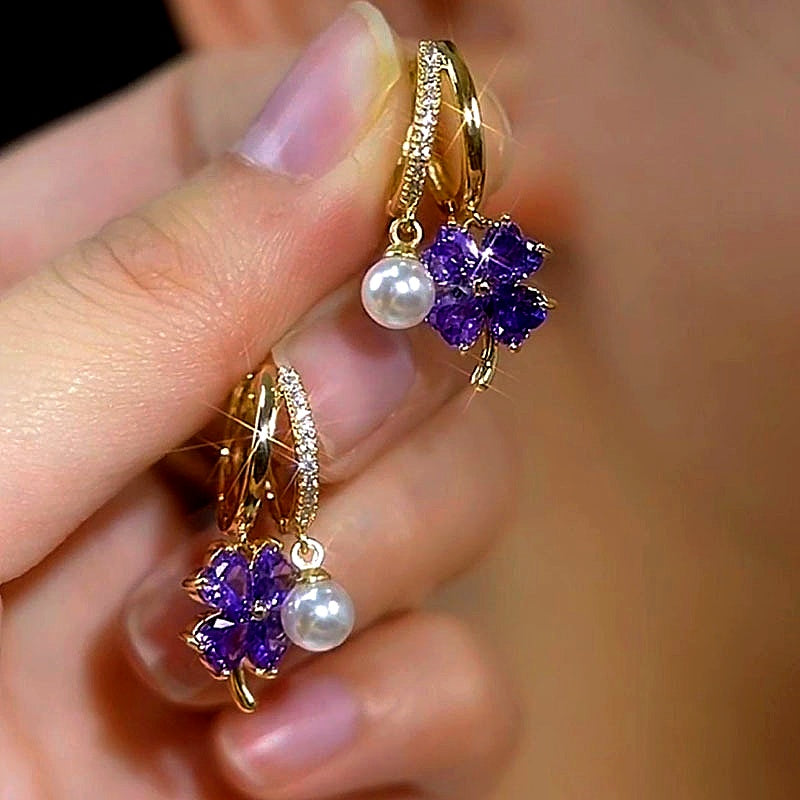 14K Gold-Plated Elegant Purple Four-Leaf Flower Pearl Earrings