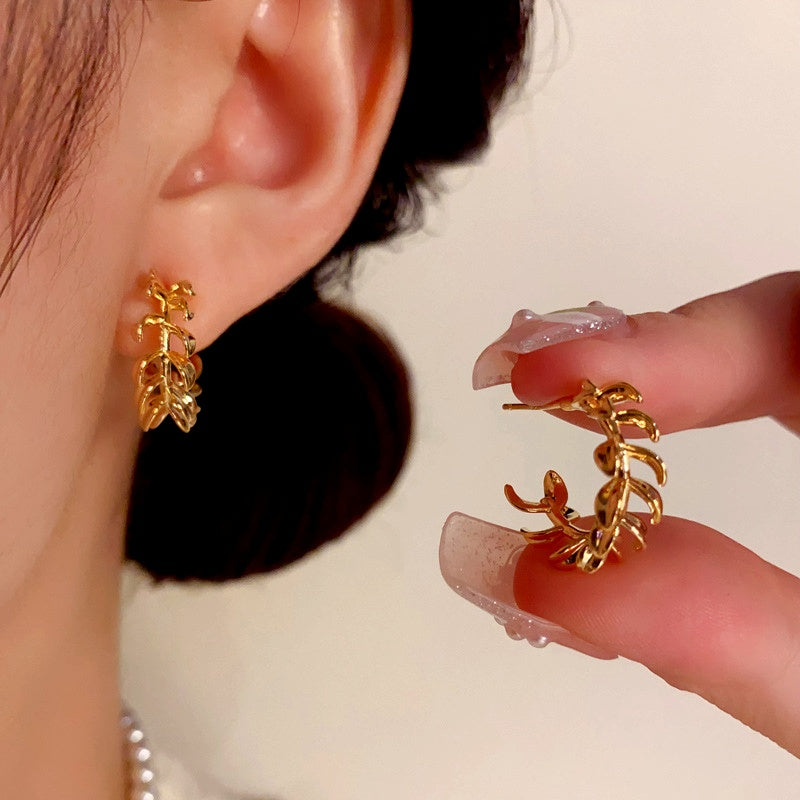 14K Gold-Plated Elegant Metal Leaf C-Shaped Earrings