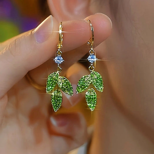 14K Gold-Plated Elegant Green Crystal Leaf Earrings