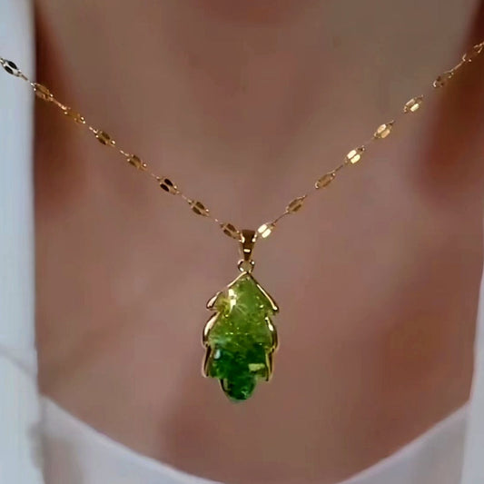 14K Gold-Plated Elegant Green Crystal Leaf Necklaces