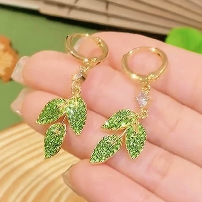 14K Gold-Plated Elegant Green Diamond Leaf Earrings