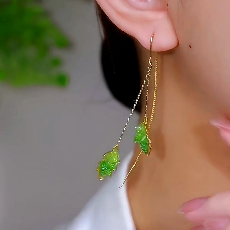 14K Gold-Plated Elegant Green Diamond Leaf Tassel Threader Earrings