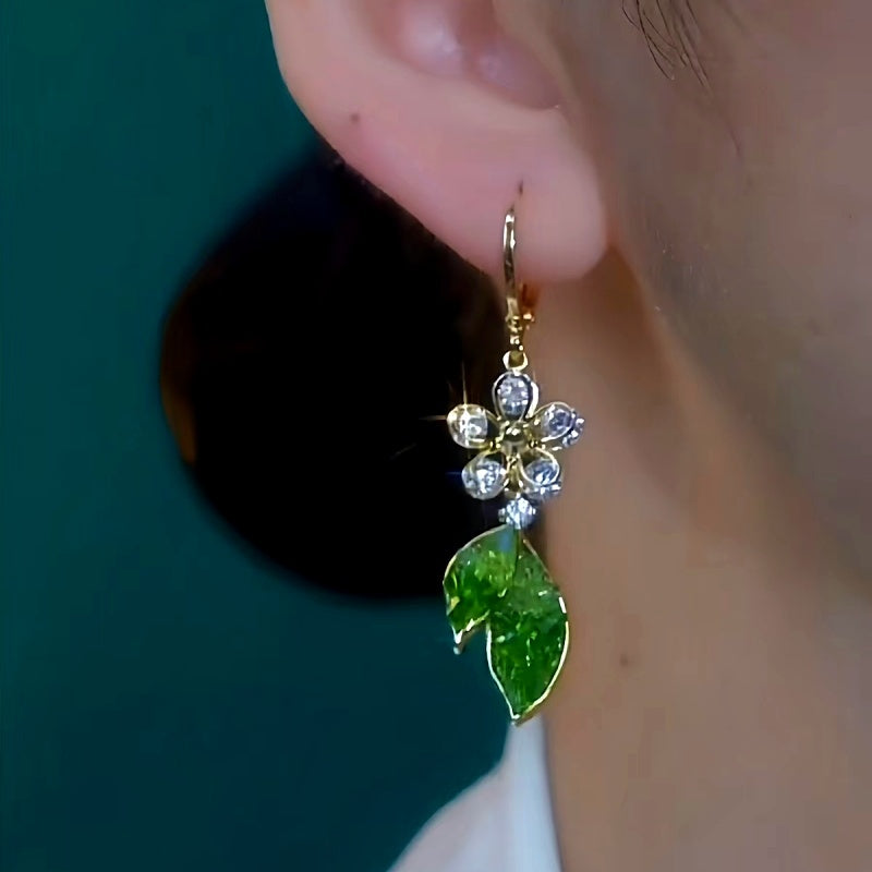 14K Gold-Plated Elegant Green Leaf Flower Earrings