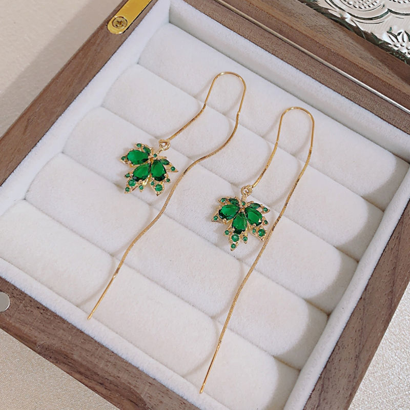 14K Gold-Plated Elegant Green Maple Leaf Threader Earrings