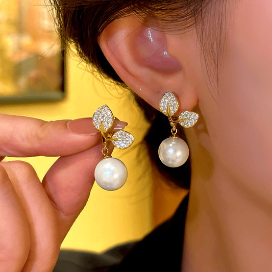 14K Gold-Plated Elegant Leaf Pearl Earrings