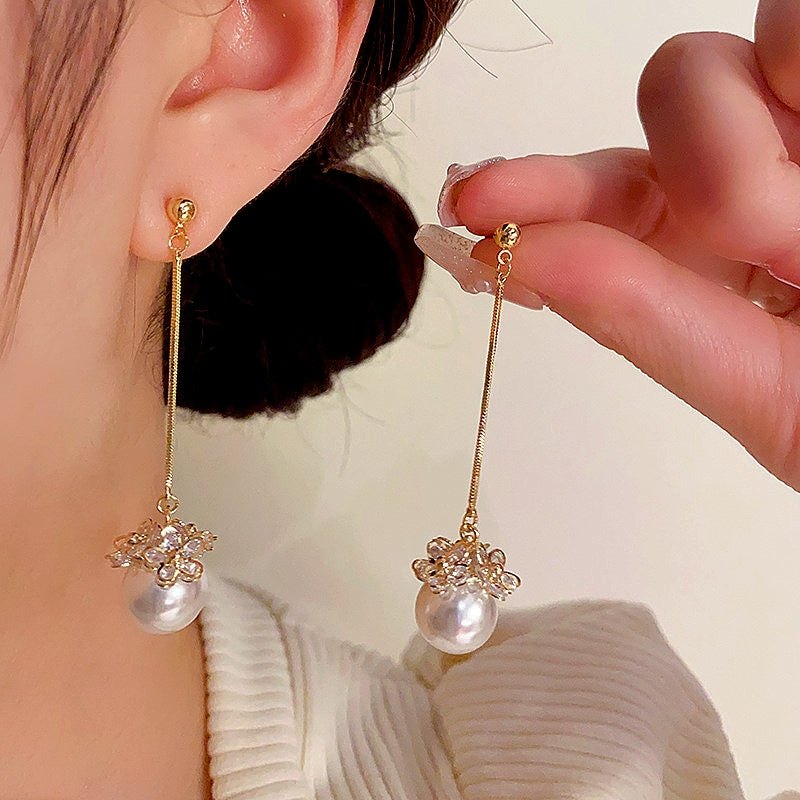 14K Gold-Plated Elegant Long Pearl Earrings