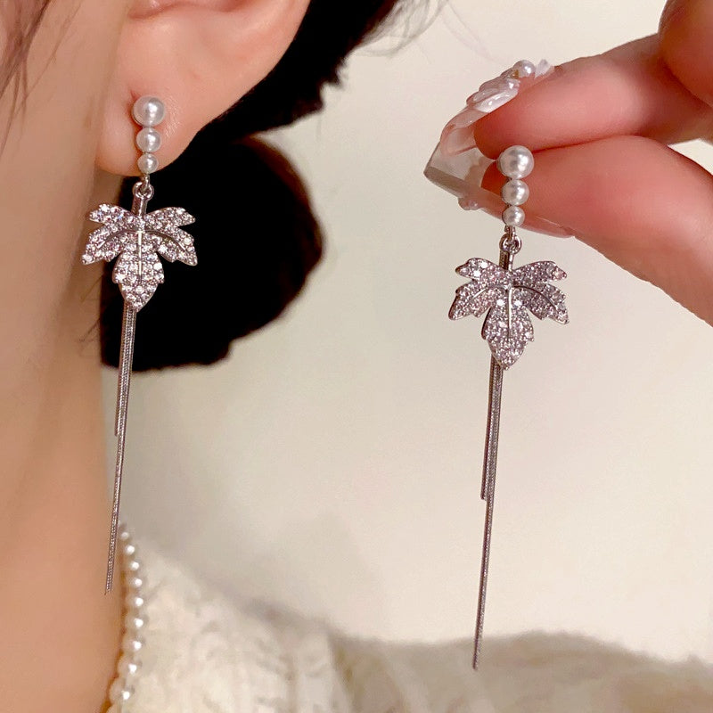 14K Gold-Plated Elegant Maple Leaf Pearl Tassel Earrings