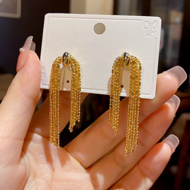 14K Gold-Plated Elegant Metal Long Chain Tassel Earrings