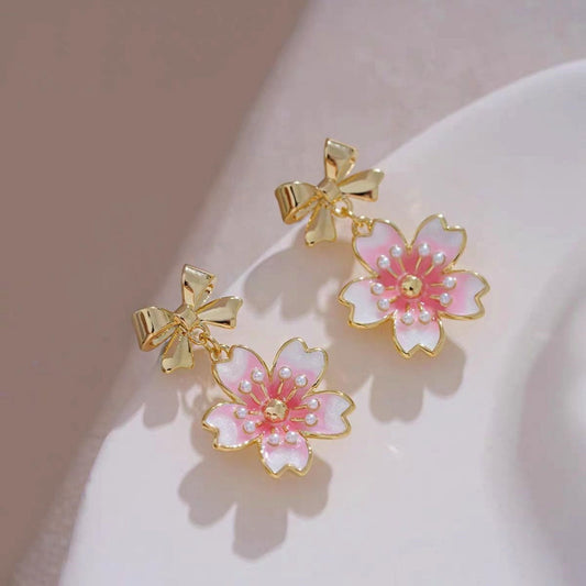 14K Gold-Plated Elegant Pink Cherry Blossom Bow Earrings