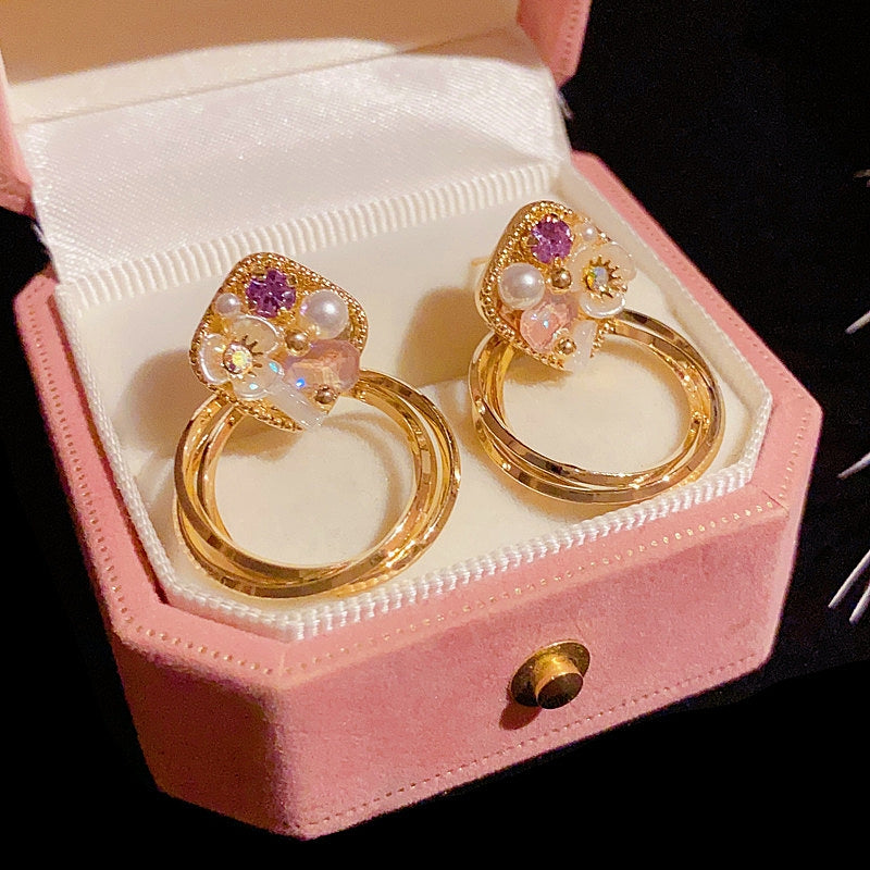 14K Gold-Plated Elegant Purple Diamond Flower Pearl Hoop Earrings