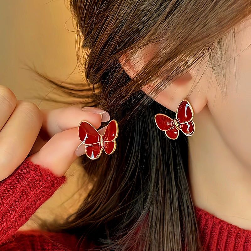 14K Gold-Plated Elegant Red Butterfly Earrings