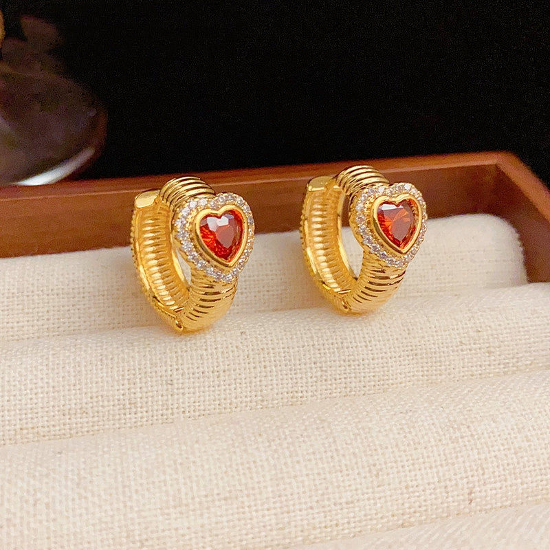 14K Gold-Plated Elegant Red Heart Hoop Earrings