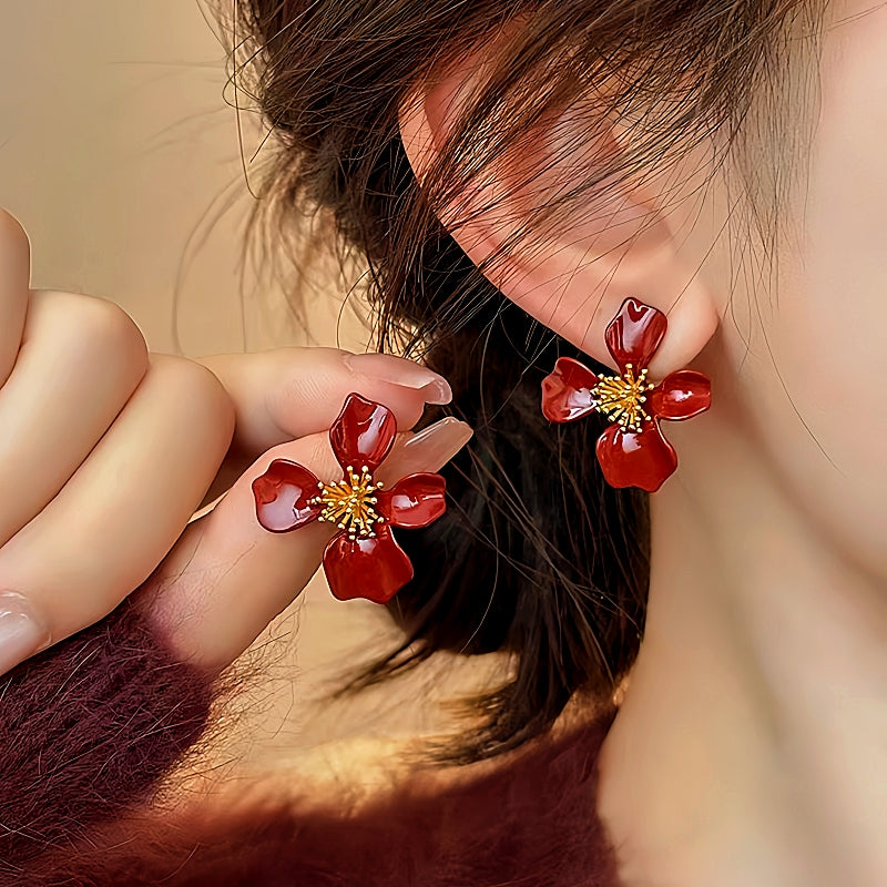 14K Gold-Plated Elegant Red Petal Flower Earrings