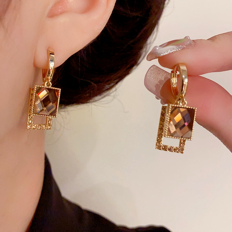 14K Gold-Plated Elegant Shiny Chanel-Style Geometric Zircon Earrings