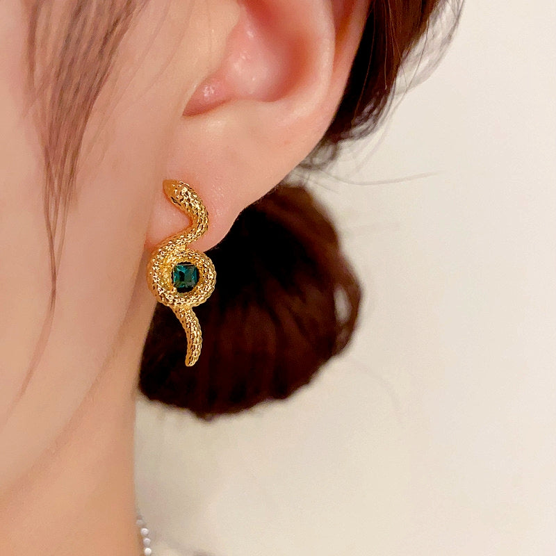 14K Gold-Plated Elegant Snake-Shaped Green Square Diamond Earrings