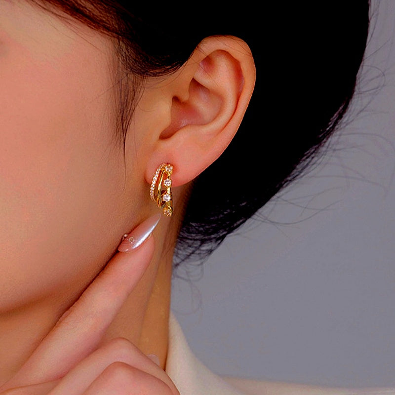 14K Gold-Plated Elegant Three-Layer Zircon Earrings