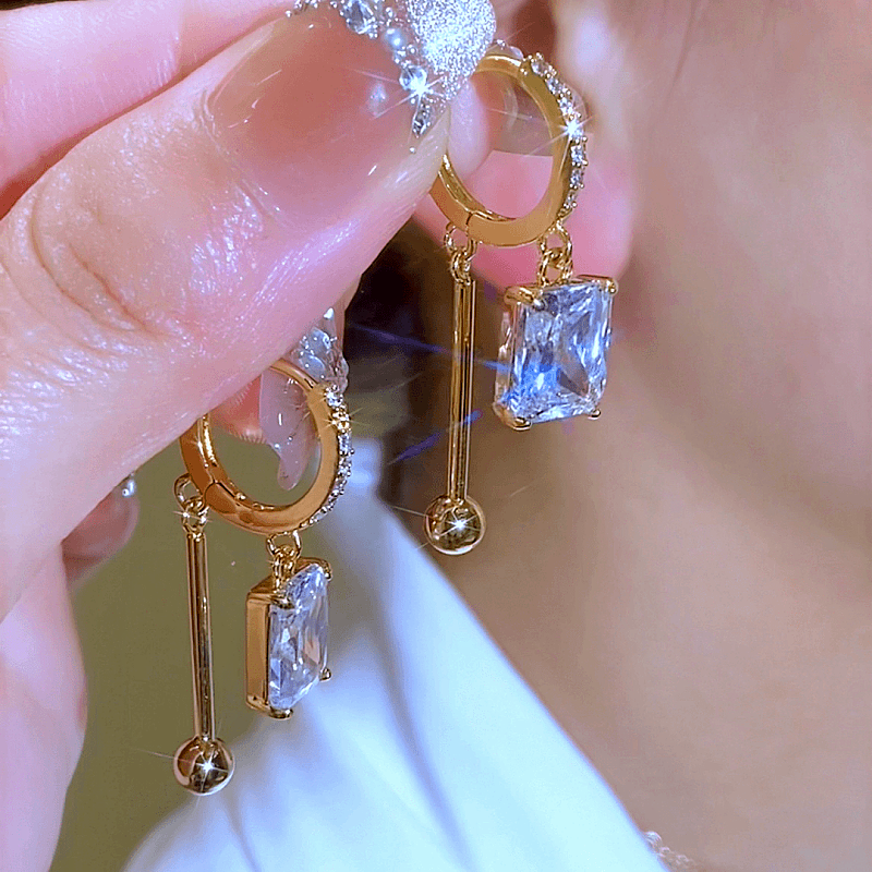 14K Gold-Plated Luxury Diamond Square Earrings