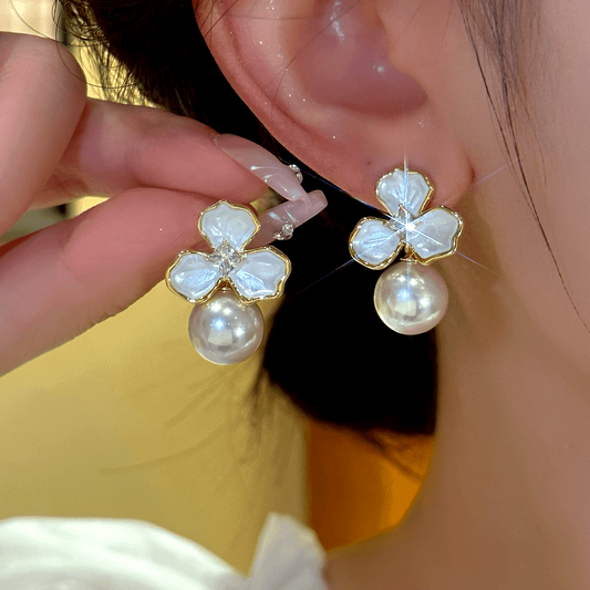 14K Gold-Plated Elegant White Flower Pearl Earrings